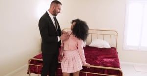Ebony with curly hair handles monster inches deep in her tiny peach