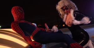 Tight blonde screams for Spiderman to take it easy on her very tight pussy