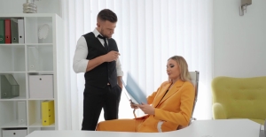 Thin blonde gets intimate with one of the business partners for anal perversions