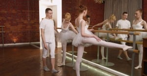 Shivering pleasures on the dance floors with two ballerinas sharing dick for the first time