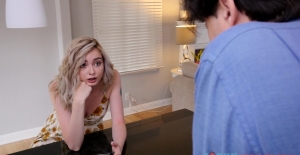 Shaved blonde Lexi Lore drops on her knees for sex in the kitchen