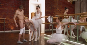 Strong sex seduction on the dance floor for a bunch of young ballerinas