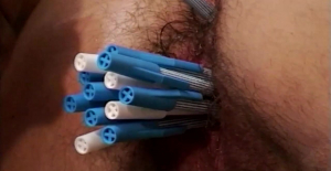 Skinny redhead milfs hairy bush tight asshole gets deep toyed with pens and rough anal fucked