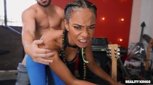 Ebony feels huge inches ramming her hairy cunt in crazy modes