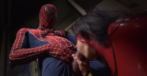 Spider man gags this brunette bitch and fucks her pussy in loud mode
