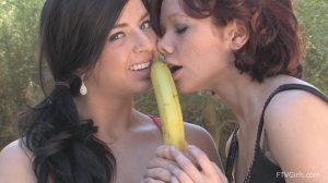 Kinky friends take off their panties and fuck each other with a banana