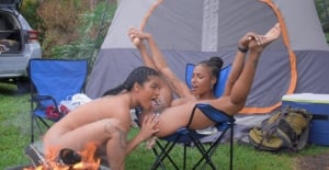 Loud oral fun for two black dolls during sexy camping trip experience