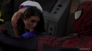 Spiderman uses whole dick to suit brunette's needs in dirty role play