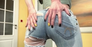 Skinny blonde Alisia pissing in her jeans and masturbating with toys