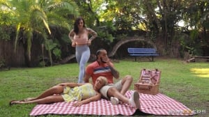 Dashing broads are having a wild time sharing dick in limitless backyard trio