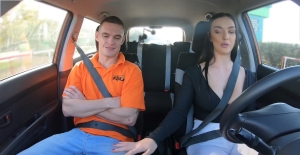 Horny male fucks young brunette driving student and comes on her face