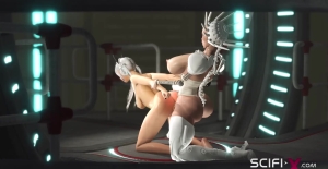 Super hot gamer girl gets hard anal fuck with a sexy futanari in the sci-fi prison