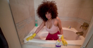 Ebony maid Nina Diaz enjoys having passionate sex after cleaning