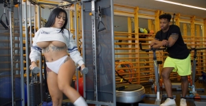 Curvy Latina devours young black dick at the gym until sperm pops on her cans